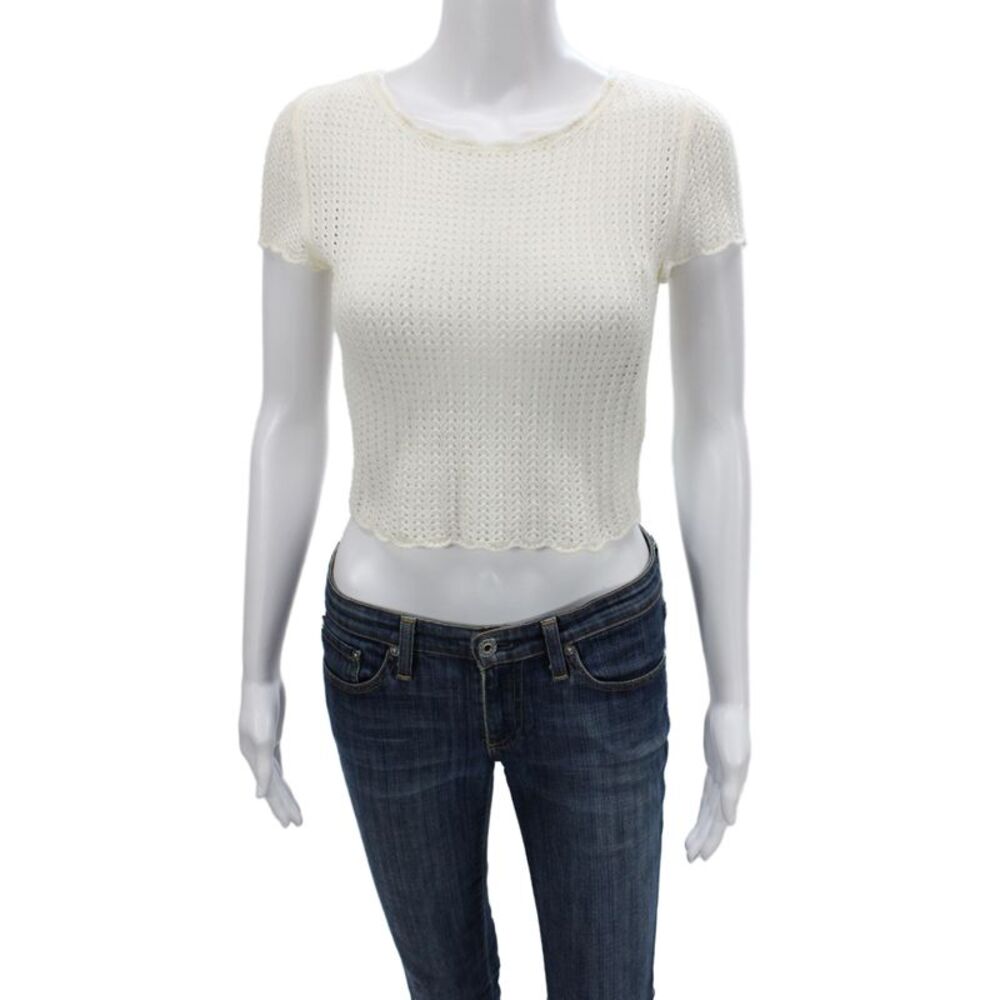 Alice + Olivia Women Cropped White Linen Cashmere Sweater Short Sleeve Size XS